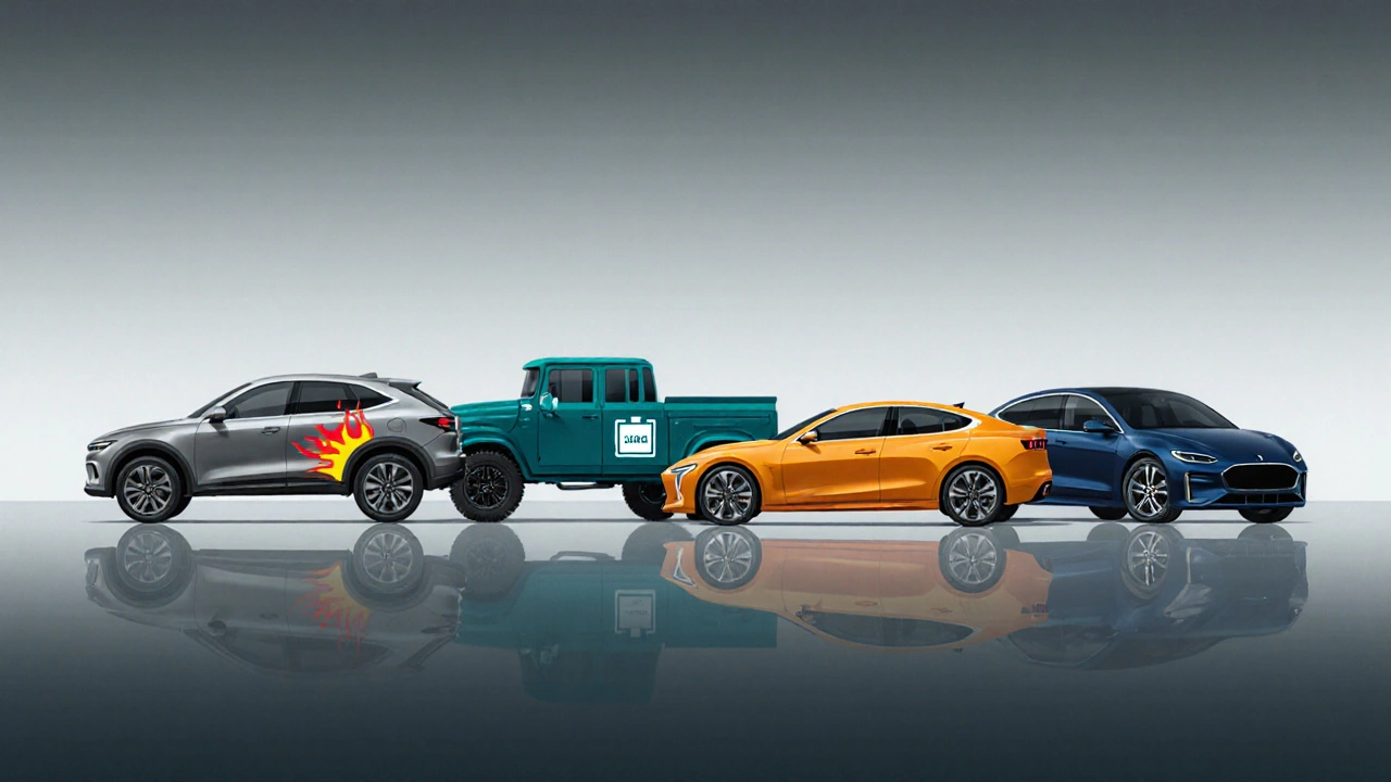 Четыре автомобиля в стиле иллюстрации, каждый символизирует тип двигателя без текста.