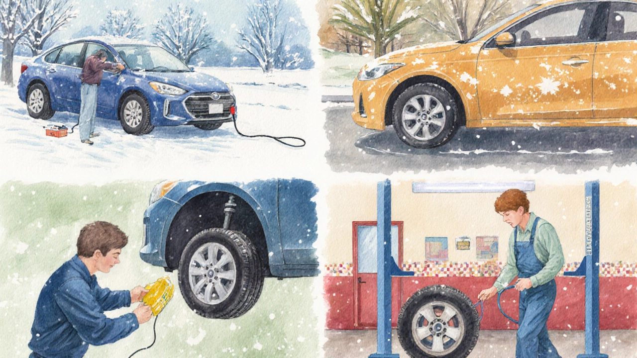 Четыре сезонных сцены обслуживания автомобиля: проверка батареи зимой, мойка весной, ротация шин летом, замена масла осенью.