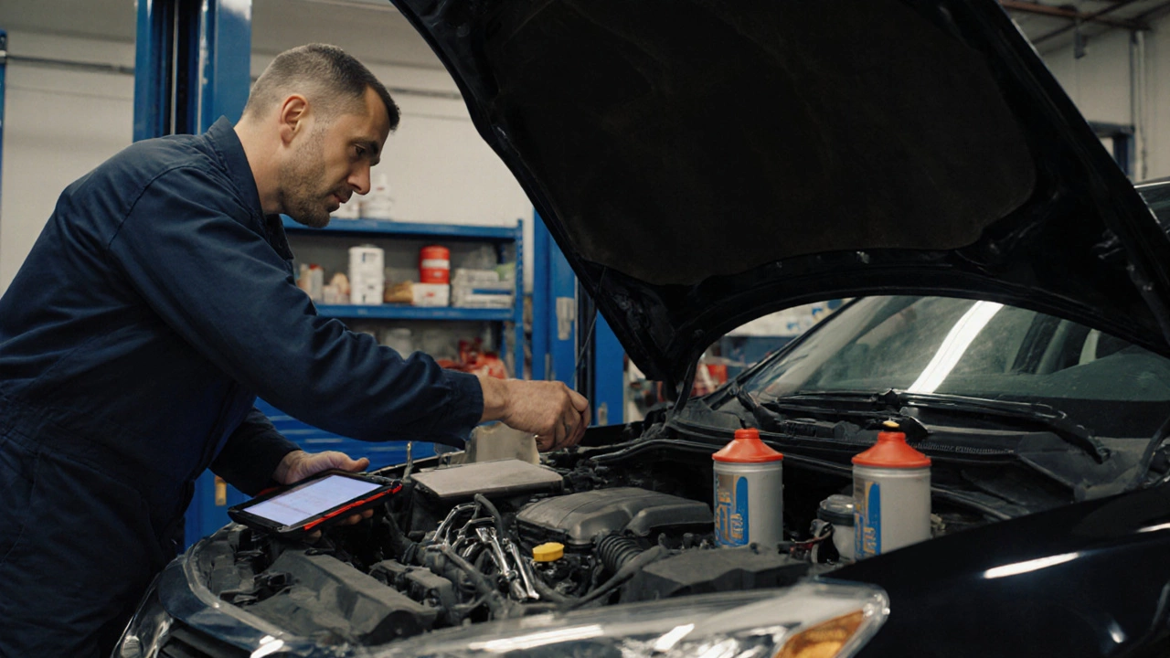 Механик проверяет двигатель старого автомобиля в хорошо освещённом гараже.