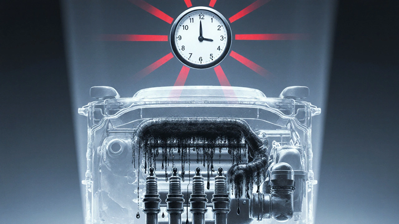 Прозрачный двигатель с видимыми внутренними частями: сажа на свечах, масло стекает со стенок цилиндров, часы показывают 10–30 минут.