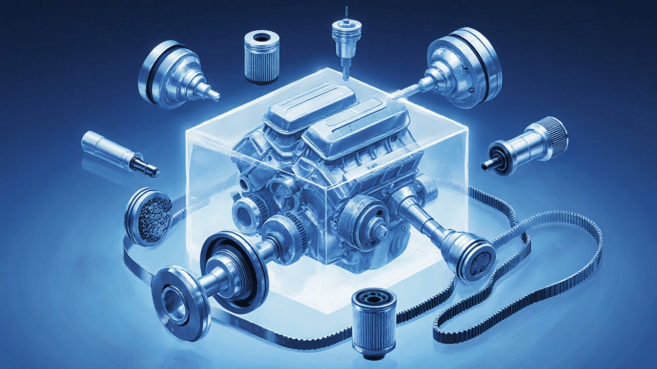 Разложенные детали двигателя: поршни, коленчатый вал, фильтры и шланги, светящиеся в мягком металлическом свете.