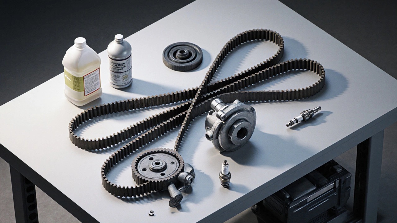 Разложенные детали: тензионер, идлер, водяной насос, фильтр, свеча на столе.