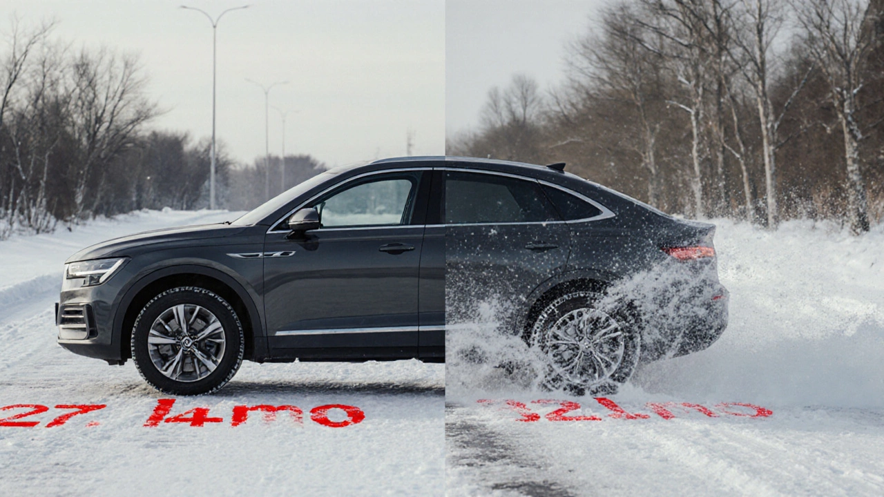 Сравнение тормозного пути: зимние шины останавливают машину короче, чем всесезонные на льду.