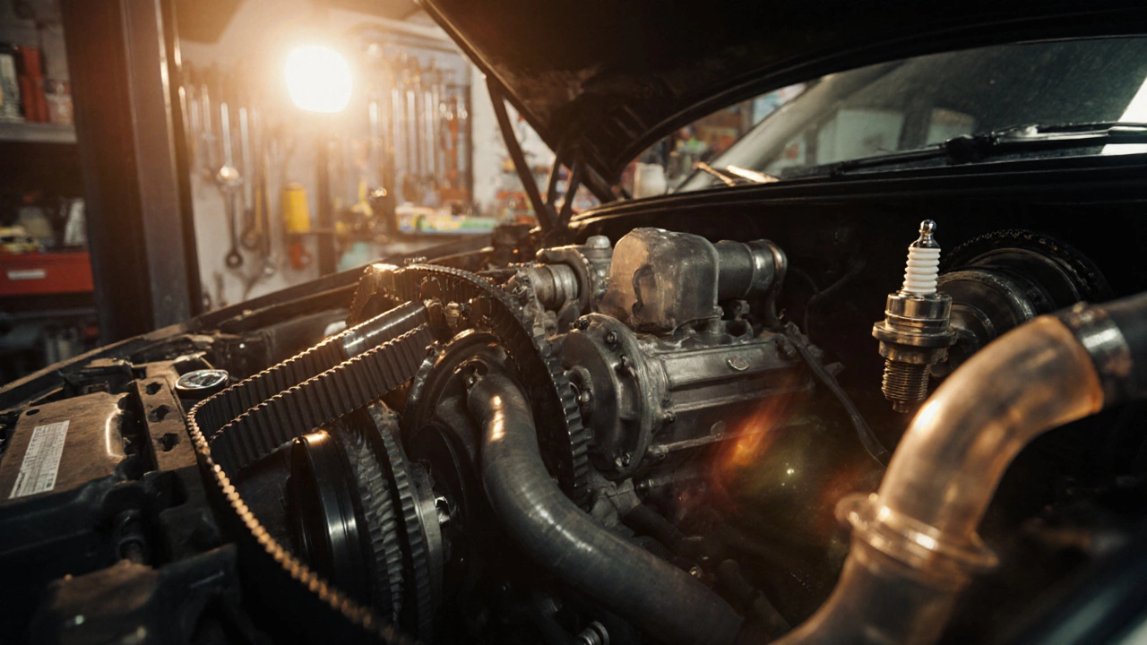 Установлен новый ремень ГРМ, рядом новые фильтры и свечи, двигатель готов.