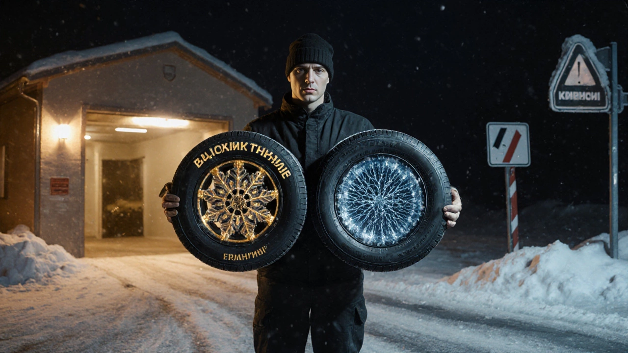 Водитель держит два комплекта шин — зимние и всесезонные — перед перекрестком безопасности и риска.