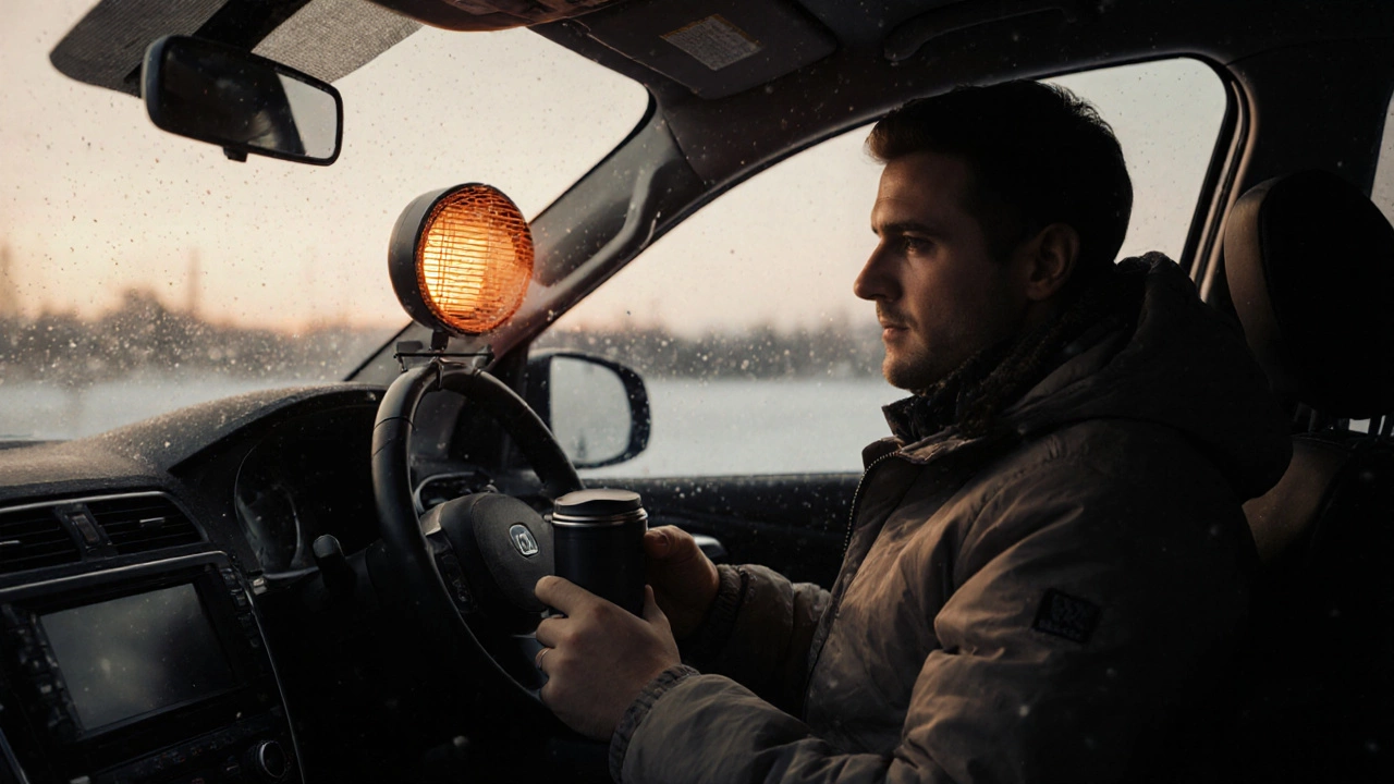 Водитель выключает двигатель утром, в машине — термос и автономный обогреватель, снег падает, атмосфера спокойная и уютная.