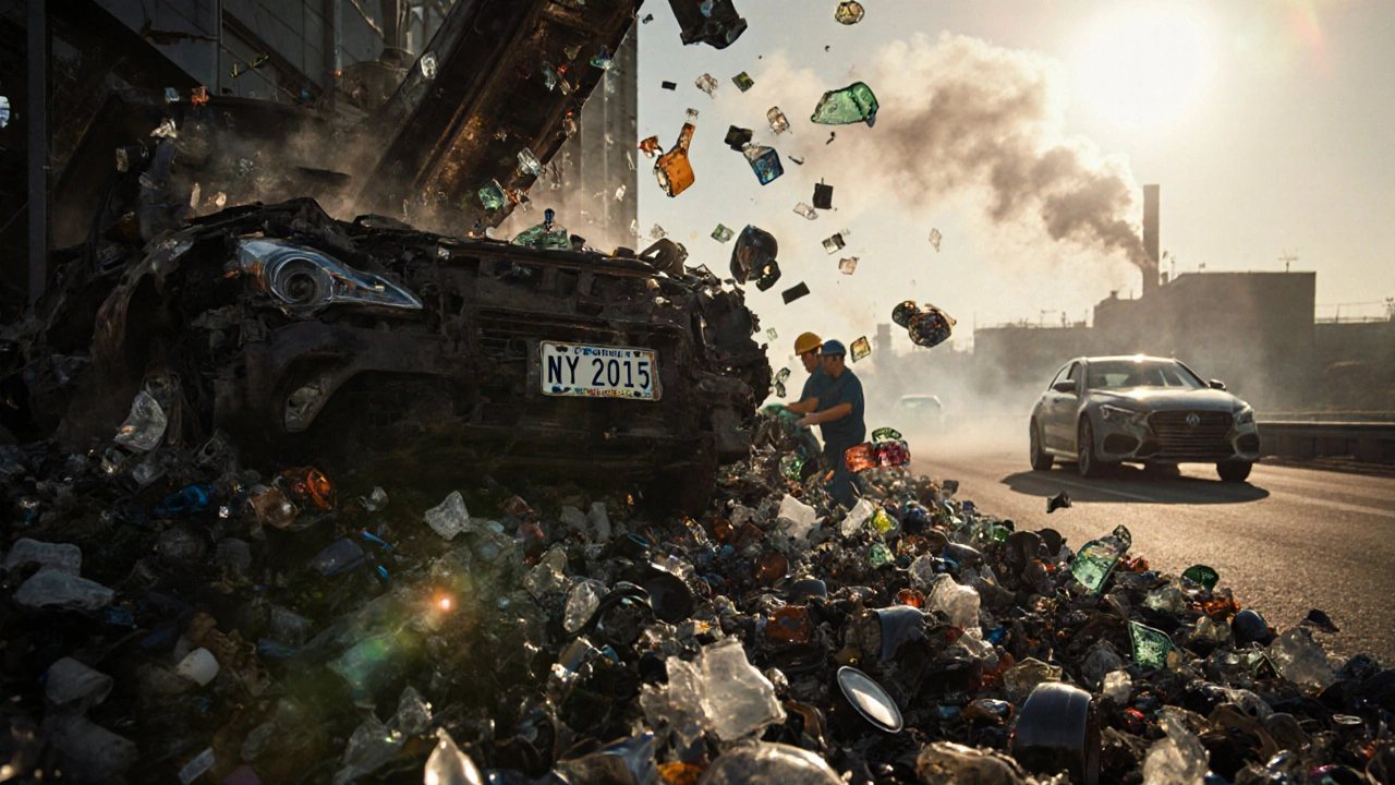 Автомобиль на перерабатывающем заводе разбирают на составные части: металл, пластик, резину, на фоне — новая машина на шоссе.