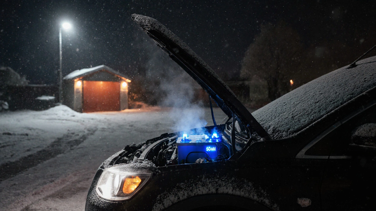 Автомобиль с установленным 60 Ач аккумулятором на зимней стоянке в Воронеже, включённые фары и обогрев.