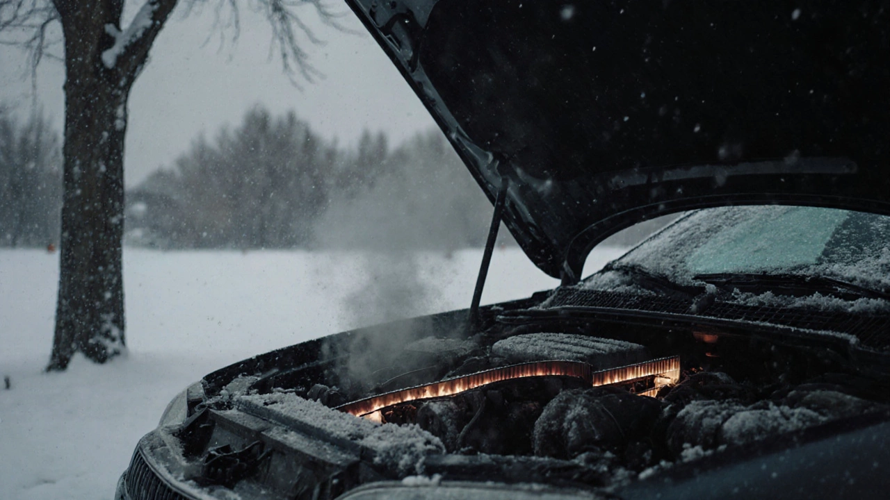 Автомобиль зимой в Воронеже с открытым капотом, внутри которого виден хрупкий ремень ГРМ.