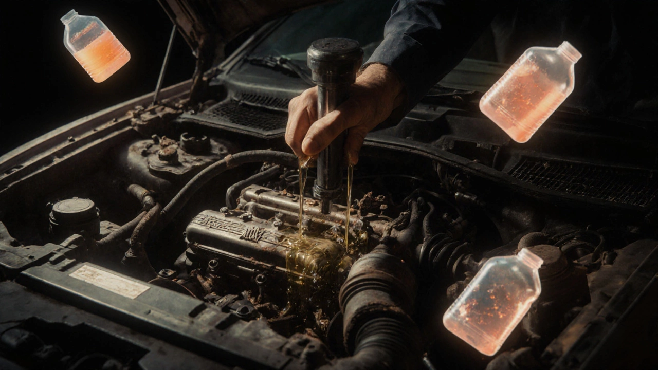 Двигатель прокручивается без смазки, вокруг него — призраки старых жидкостей и резины.