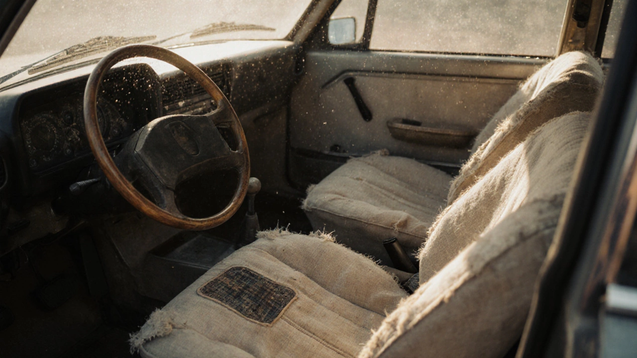 Интерьер винтажного автомобиля с тканевыми сиденьями, деревянным рулём и солнечным лучом на панели.