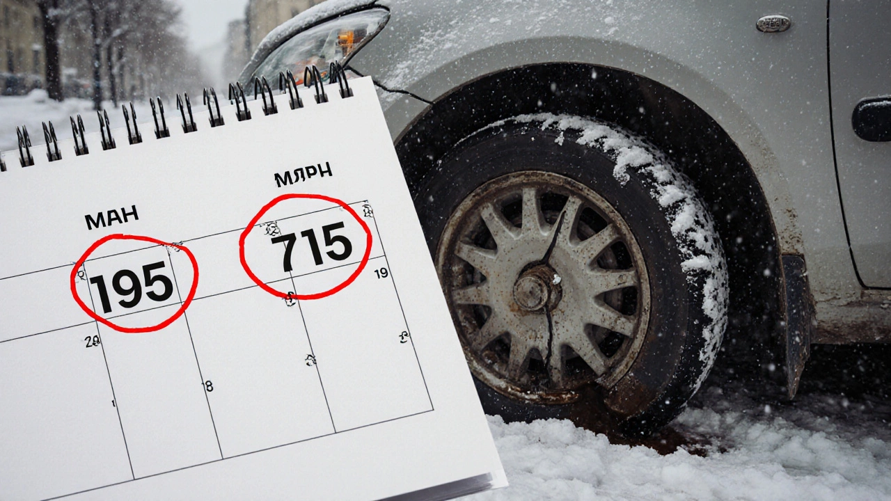 Календарь с датами замены масла, машина на снежной улице, на счётчике пробега — 7500 км.