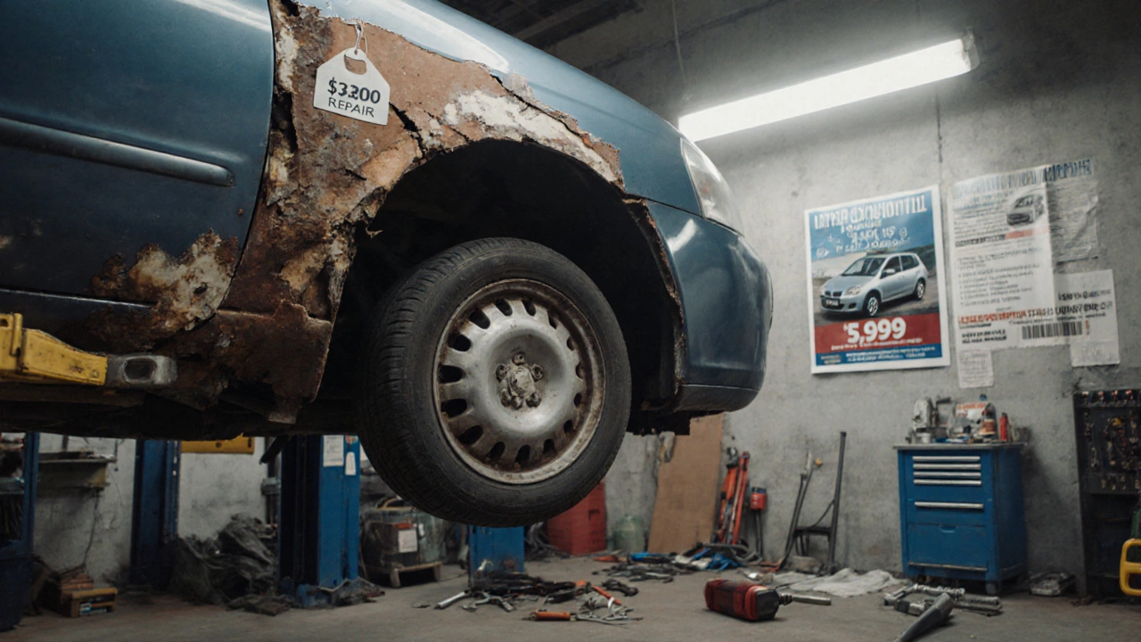 Механик осматривает полностью съеденный ржавчиной порог автомобиля на подъемнике, рядом — ценники ремонта и подержанной машины.