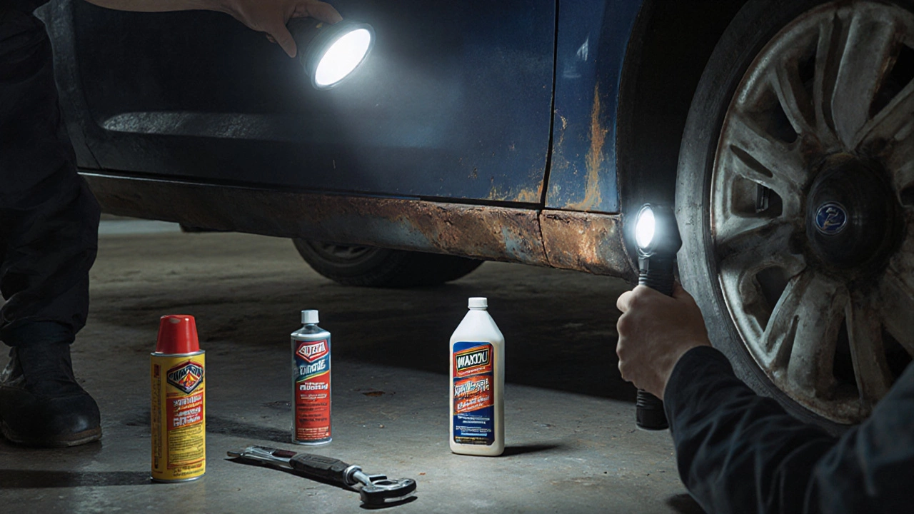 Механик осматривает пороги Ford Focus с фонариком, видны признаки ржавчины.