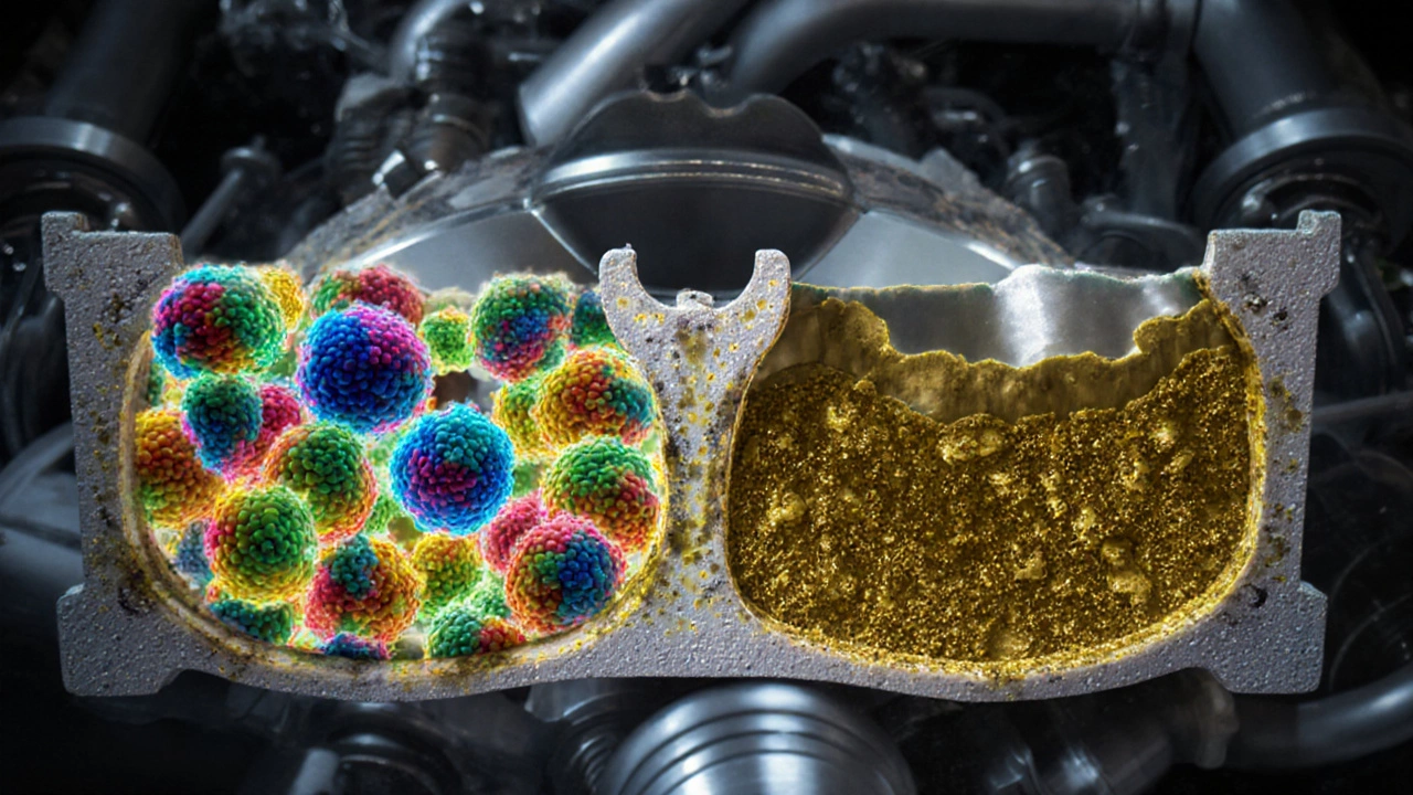 Микроскопический вид молекул масла: старые присадки слипаются, образуя шлам.