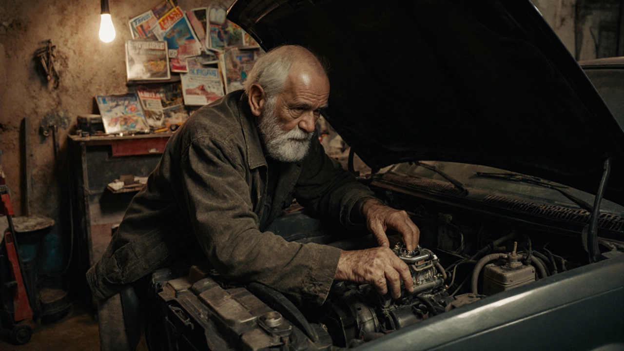 Мужчина чинит карбюратор Лады 1984 года, вокруг старые журналы.