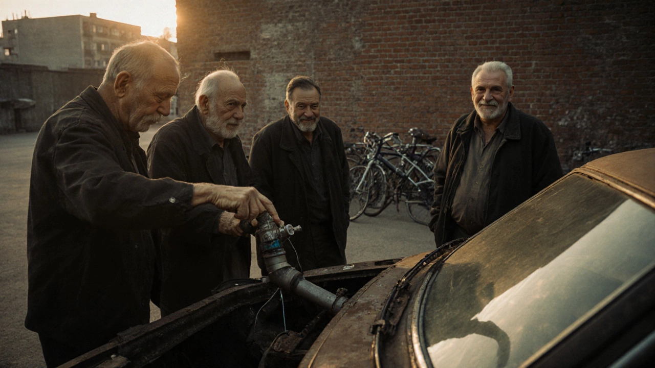 Пятеро мужчин у старого Москвича, один показывает на руль, закат.