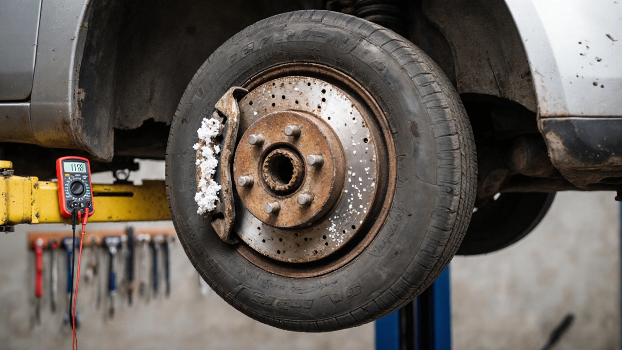 Поврежденные шины и ржавые тормозные диски автомобиля, стоявшего долго без движения.
