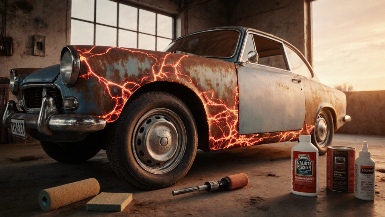 Прозрачное изображение скрытой коррозии в кузове старинного авто с инструментами для ремонта