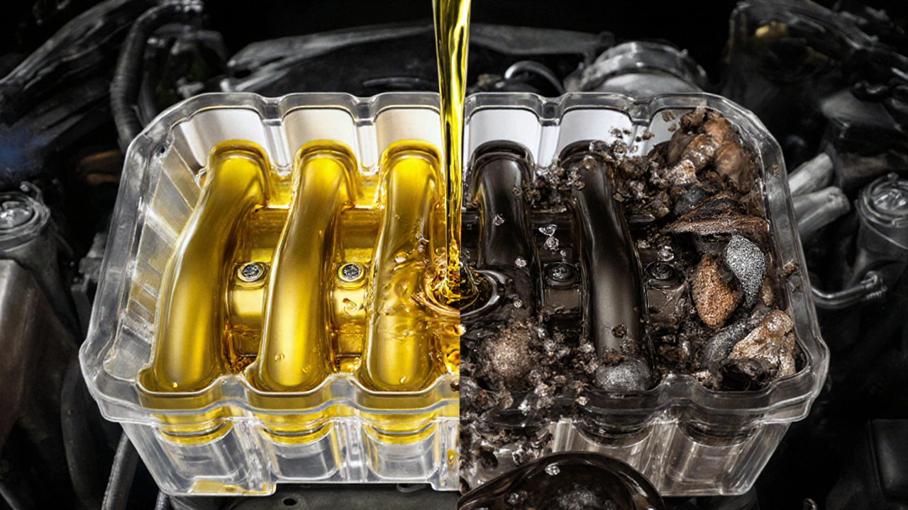 Прозрачный двигатель: чистое масло с одной стороны, загрязнённое — с другой, с металлической стружкой и водой.