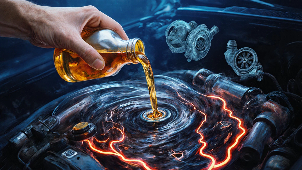 Рука льет свежее масло в двигатель, но оно превращается в токсичный вихрь.