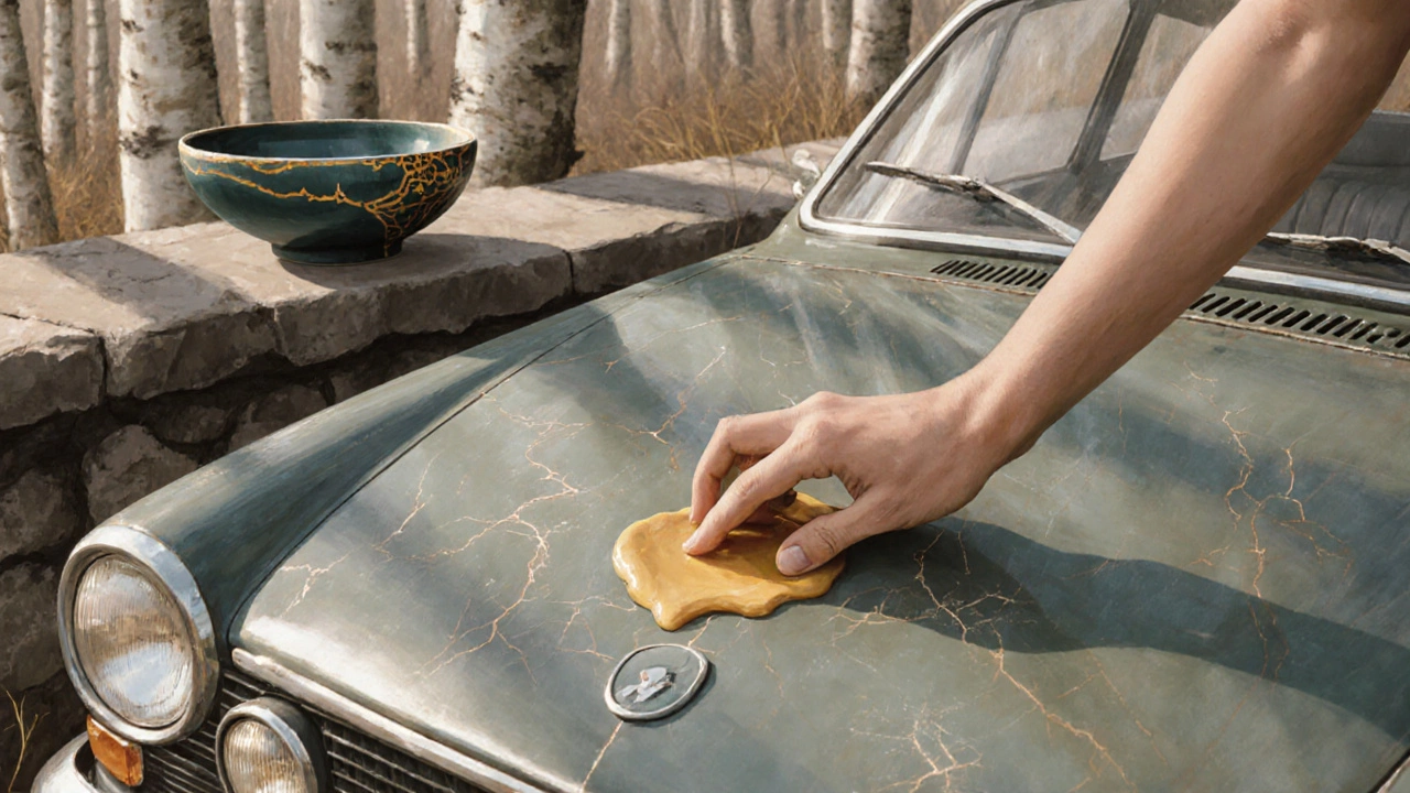 Рука наносит воск на потёртый капот старой машины, рядом — керамическая чашка с золотыми трещинами.