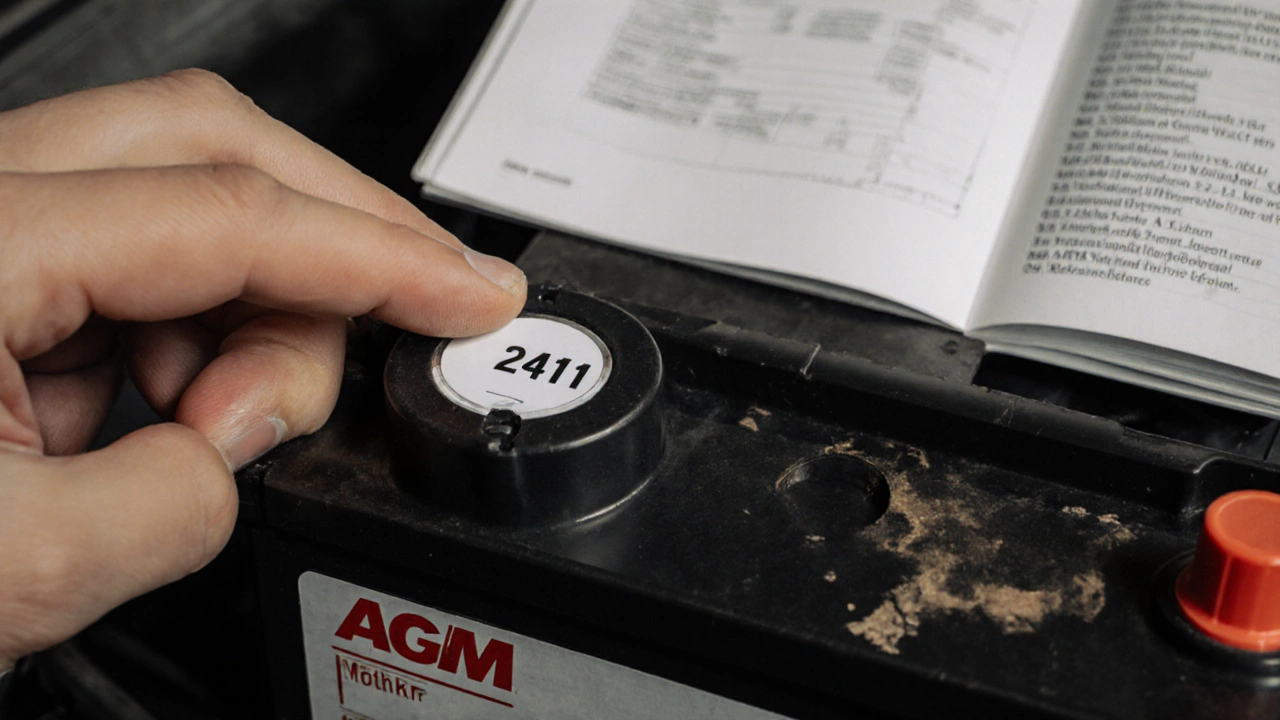 Рука проверяет дату производства &#039;2411&#039; на новом аккумуляторе, рядом лежит старый и инструкция по эксплуатации.