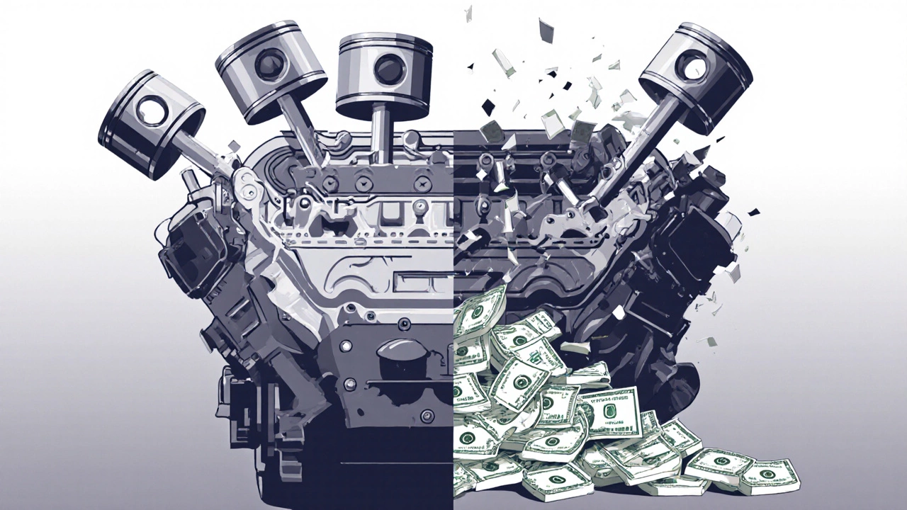 Схема разрушения двигателя из-за обрыва ремня ГРМ: столкновение поршней и клапанов.