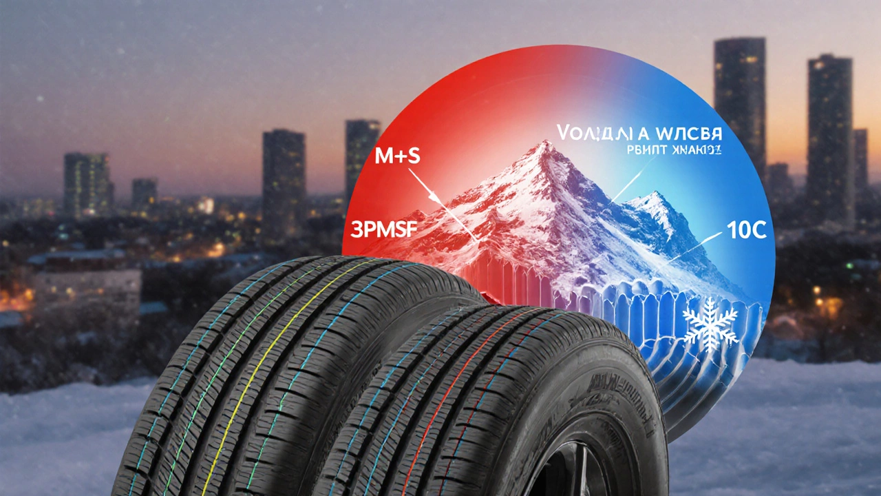 Сравнение маркировок на боковине шин: M+S, 3PMSF и Winter с тепловым градиентом