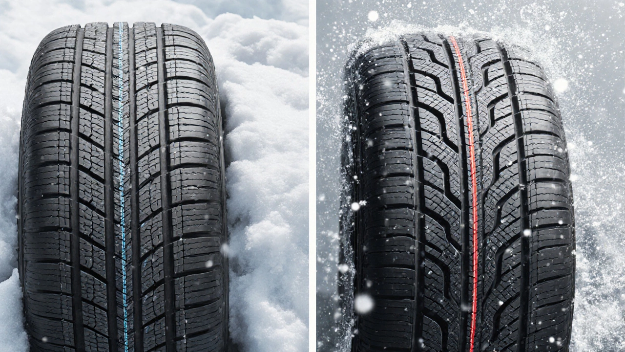 Сравнение зимней и всесезонной шины: одна цепляется за снег, другая скользит.