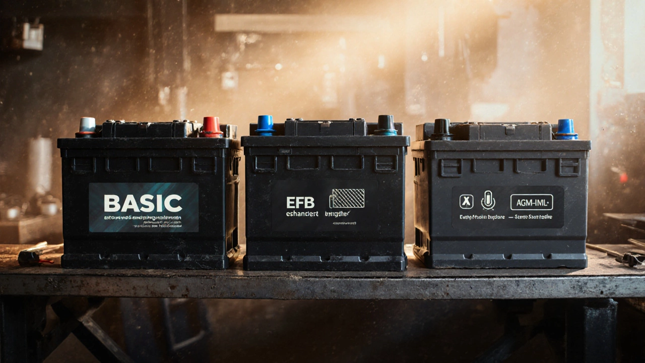 Три типа автомобильных аккумуляторов на верстаке: LF, EFB и AGM — с визуальными отличиями технологий и маркировками.