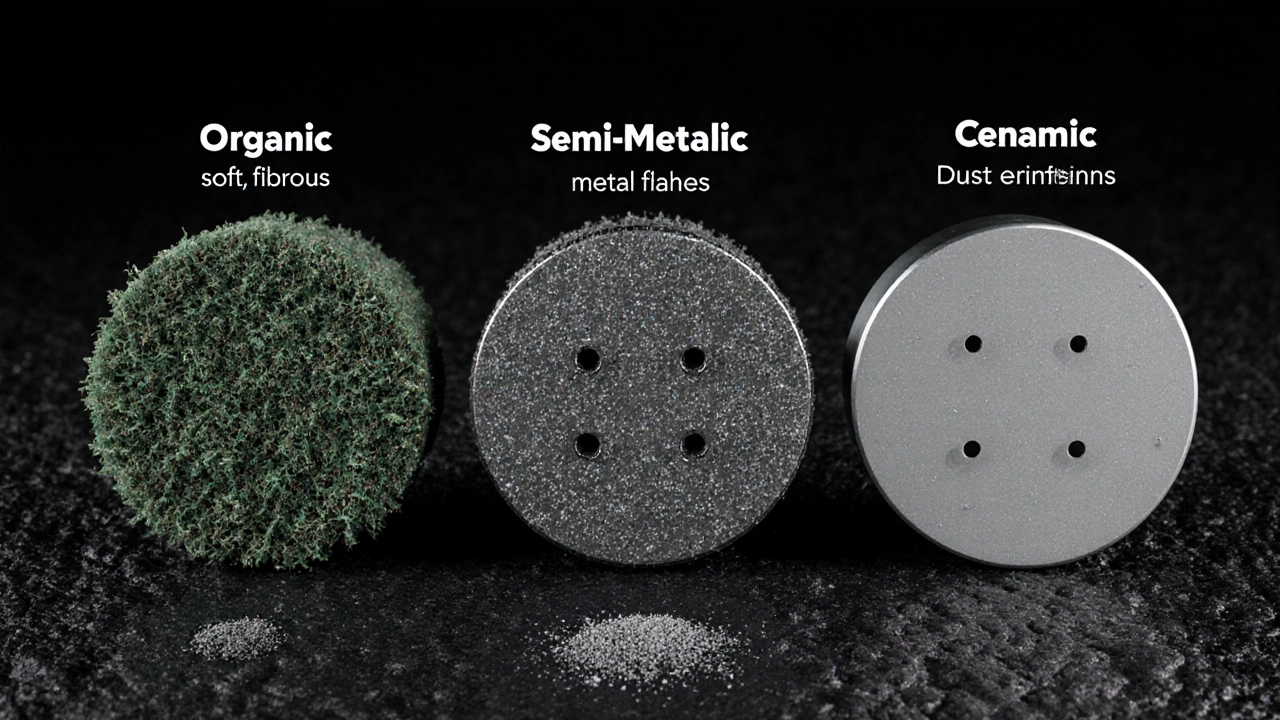 Три типа тормозных накладок: органические, полуметаллические и керамические — с разной степенью пылеобразования на асфальте.