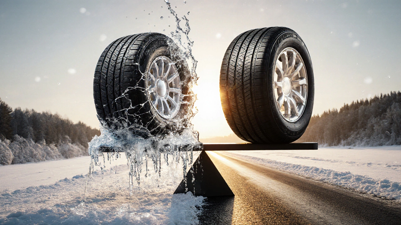 Весы с шинами: всесезонная шина проваливается, а две отдельные — удерживают равновесие.