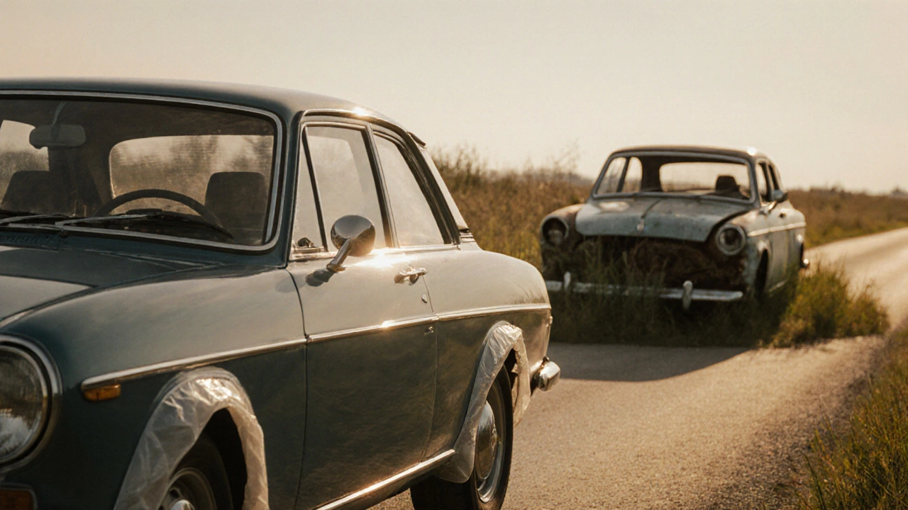 Восстановленный классический автомобиль на дороге рядом с разрушающимся аналогом