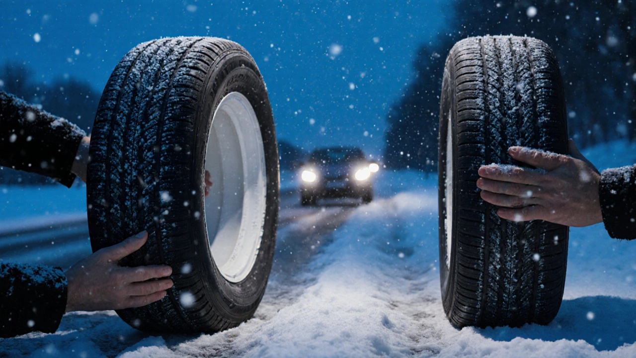 Зимняя и летняя шина под рукой — одна гнется, другая трескается на снегу
