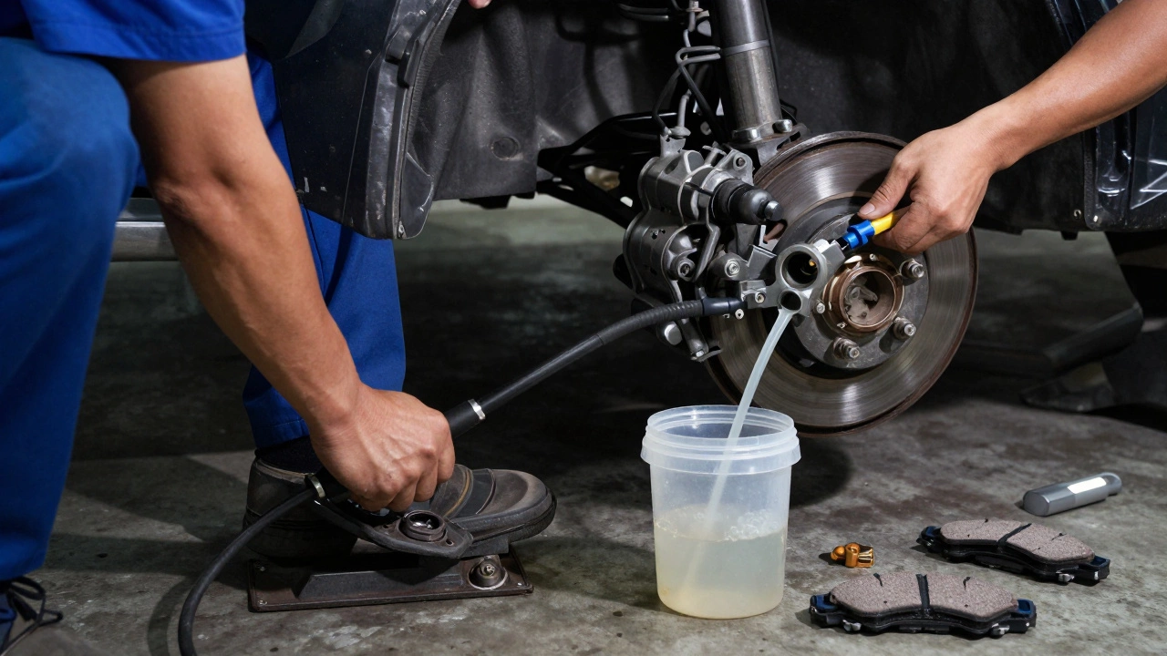 Два механика прокачивают тормоза, удаляя воздух из системы.