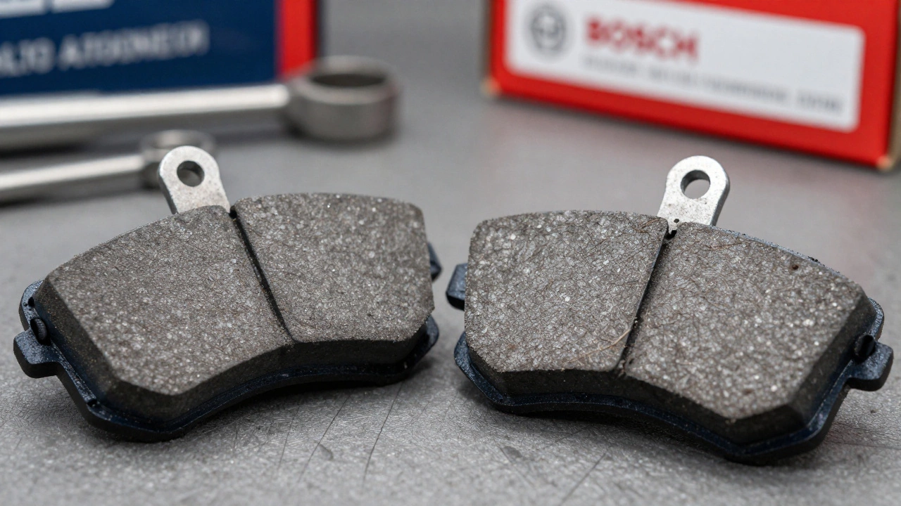 Две тормозные колодки рядом: оригинал и подделка — видны различия в текстуре и качестве материала.