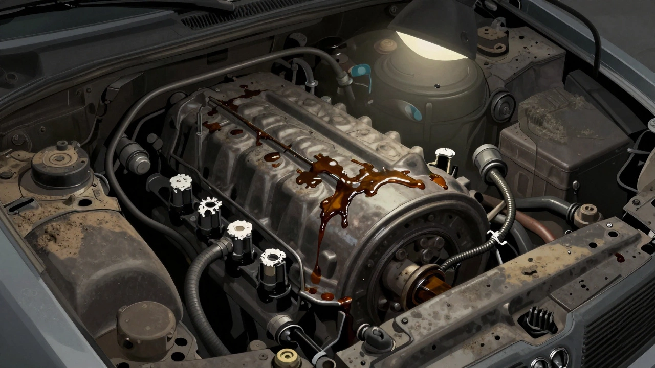 Двигатель автомобиля с корродированными клеммами аккумулятора, утечкой топлива и масляными пятнами после длительного простоя.