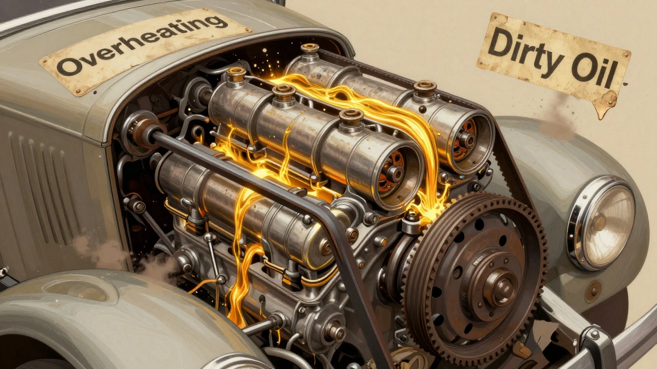 Художественное изображение двигателя с золотистыми потоками масла и целым ремнём ГРМ, разрушающиеся предупреждения вокруг.