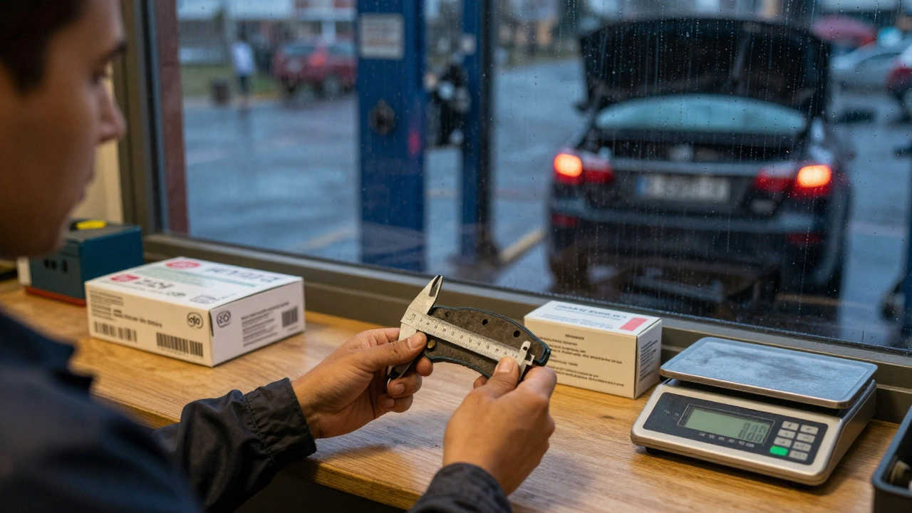 Механик измеряет толщину изношенной тормозной колодки в автосервисе, на столе — оригинальная и поддельная упаковка.