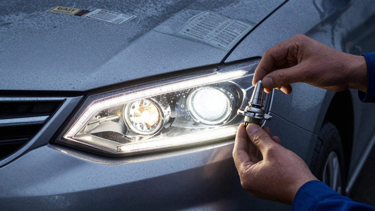 Механик меняет лампу H4 в фаре Lada Vesta, дождь на линзе, виден сертификат ECE R37.