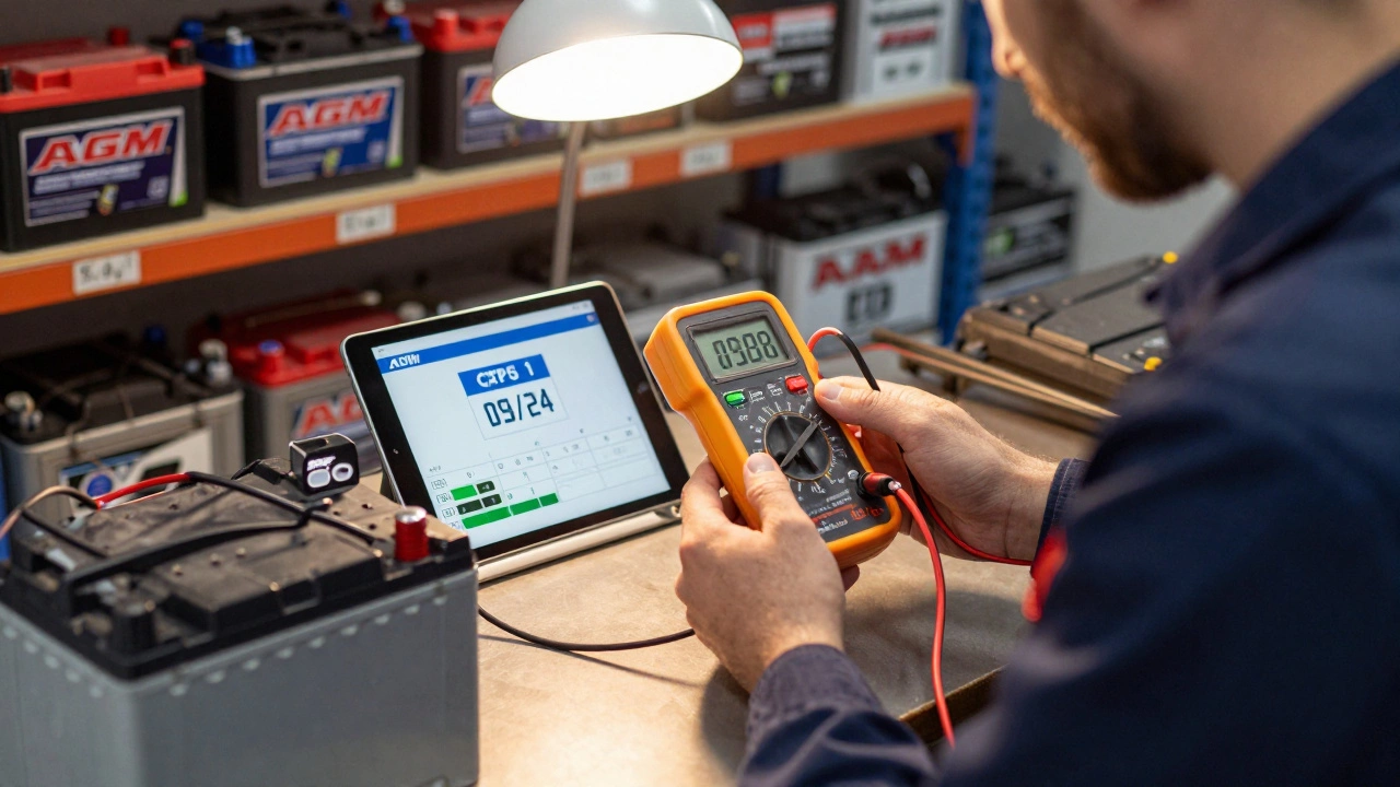 Механик проверяет новый AGM-аккумулятор мультиметром в автосервисе, на экране видна дата производства 09/24.