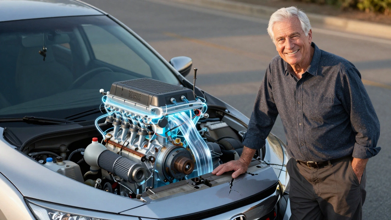 Мужчина с улыбкой у своего автомобиля с пробегом 300 тысяч км, прозрачные потоки масла и антифриза подчёркивают здоровье мотора.