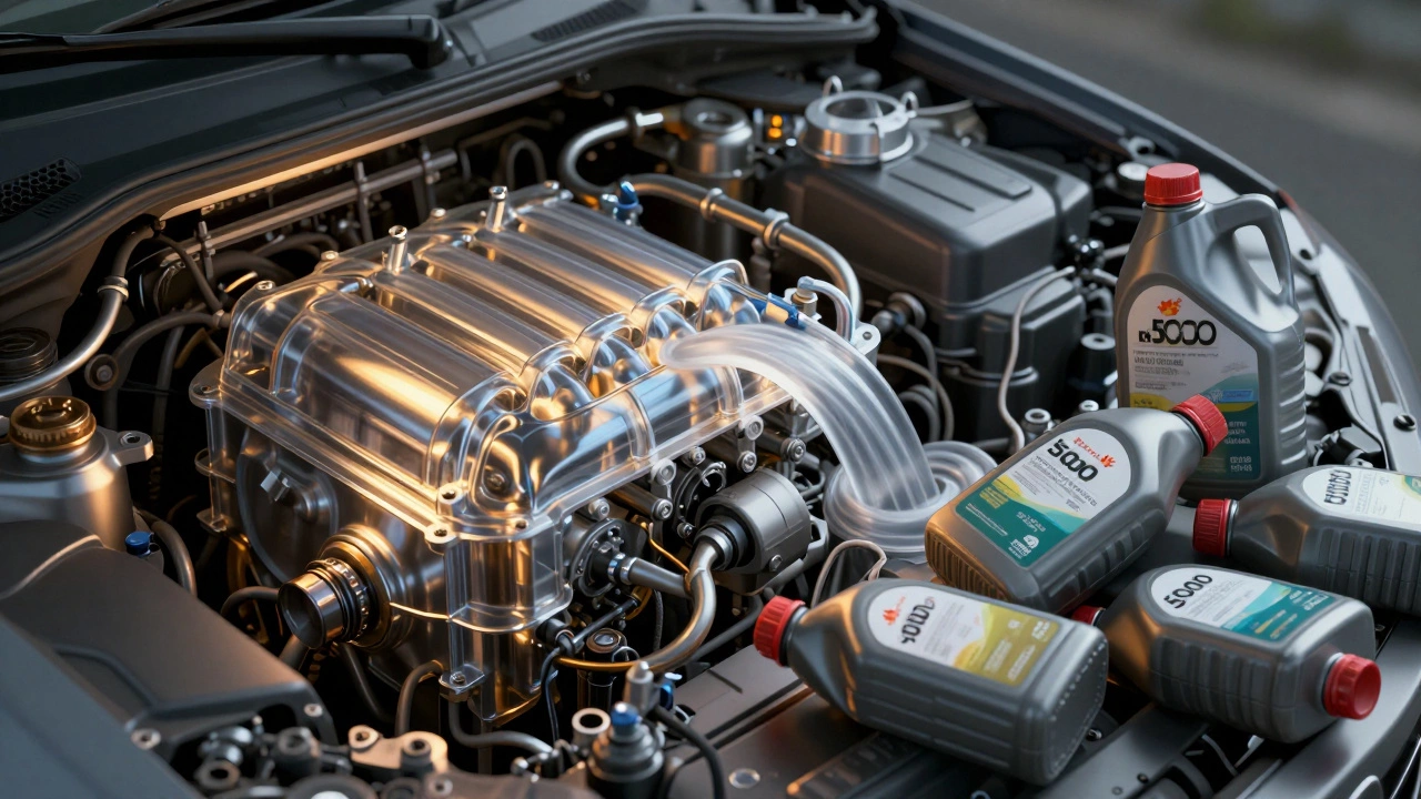 Прозрачный двигатель с чистым маслом и кучей выброшенных бутылок с маслом.