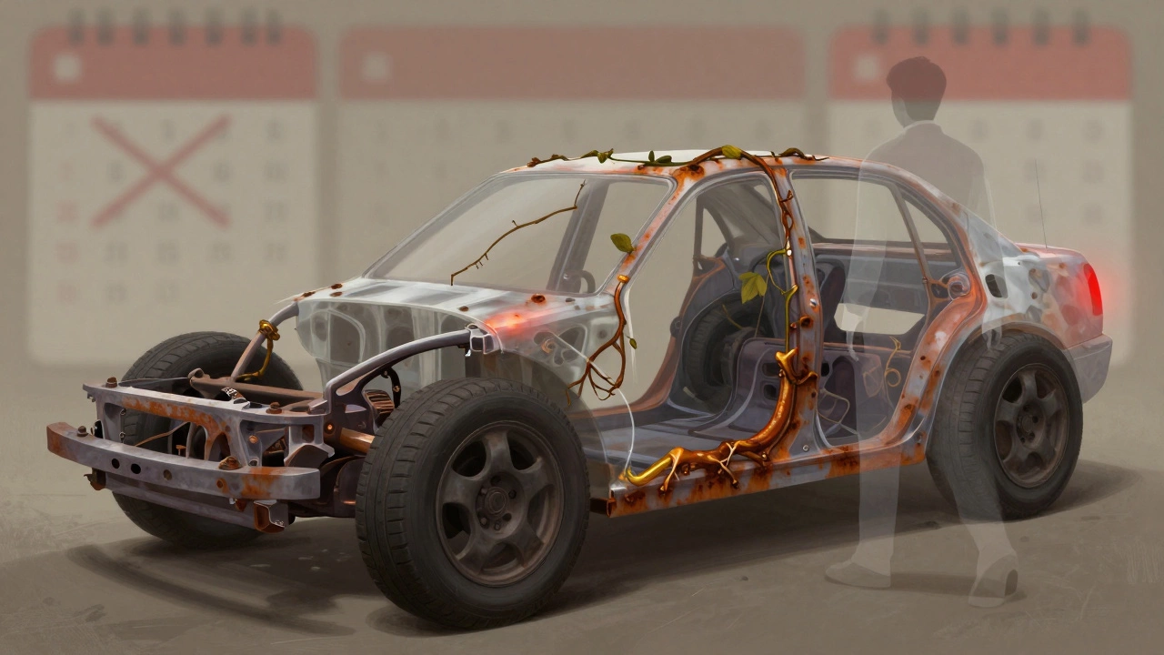 Прозрачный разрез кузова автомобиля, показывающий распространение ржавчины, деформированные шины и засохшее топливо, фон — календарь с двумя месяцами.