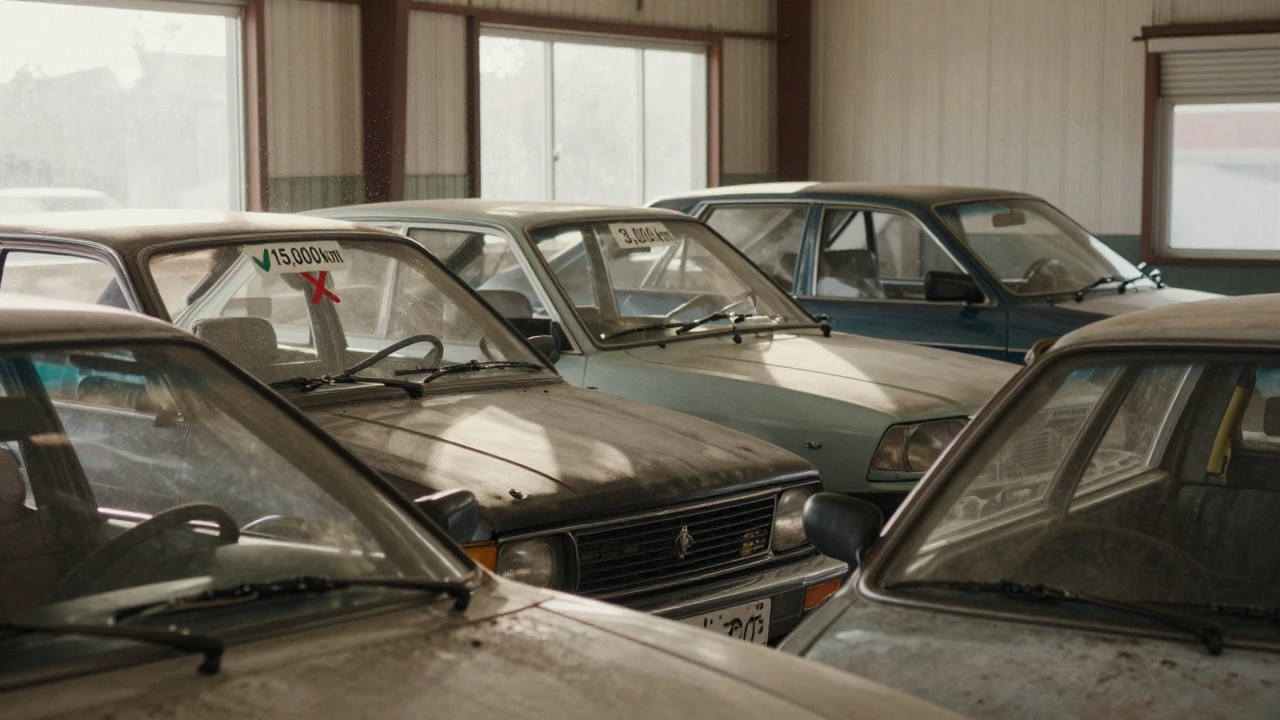 Ряд автомобилей с разными пробегами и стикерами в старинной автосервисной мастерской.