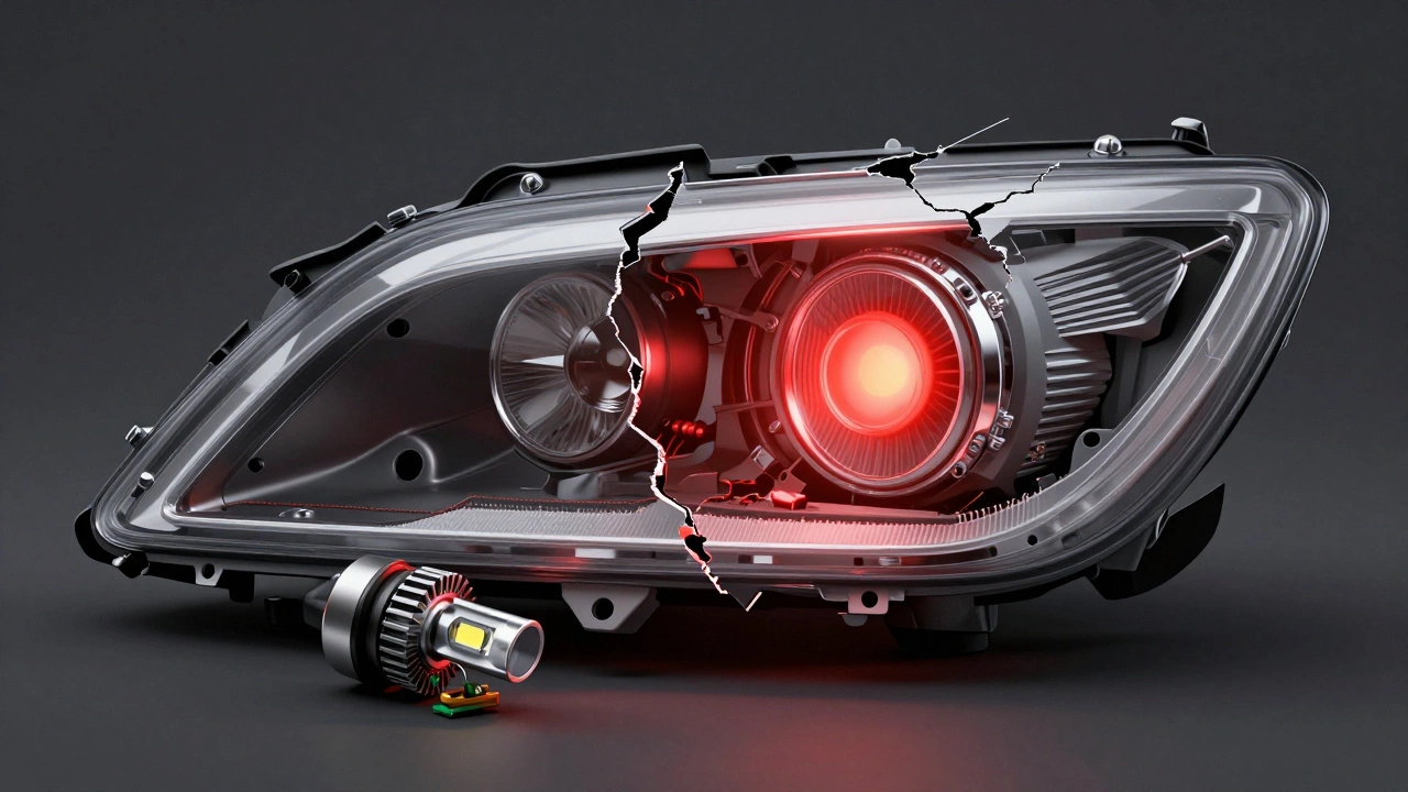 Разобранная фара с перегревающимся светодиодом и повреждённым пластиком, показывающая опасность неправильной замены.