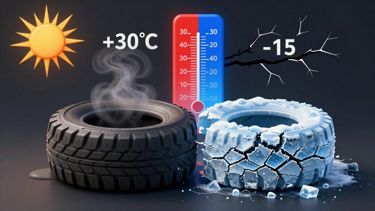 Разрезанная шина: одна половина плавится под жарой, другая трескается под морозом.