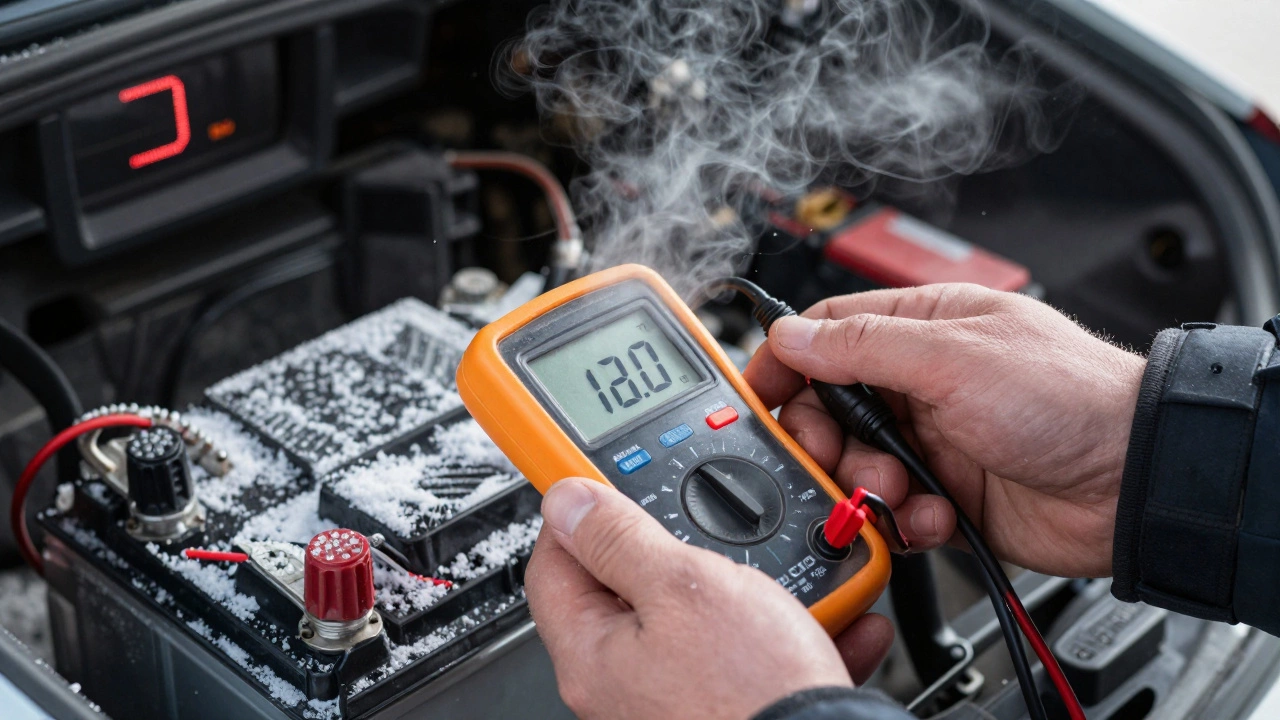 Рука с мультиметром, подключённым к аккумулятору на морозе, на приборной панели — предупреждение о низком напряжении.