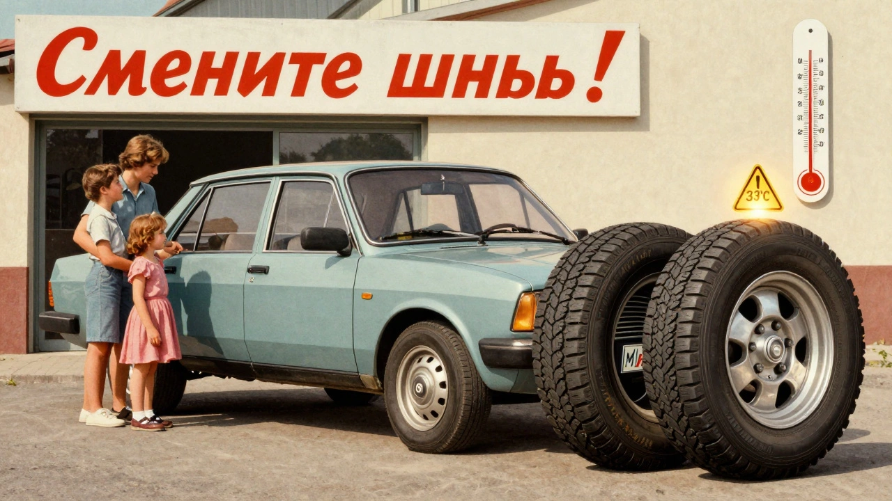 Семья у машины с изношенными шинами M/S, рядом — новые летние шины, термометр показывает 33°C.